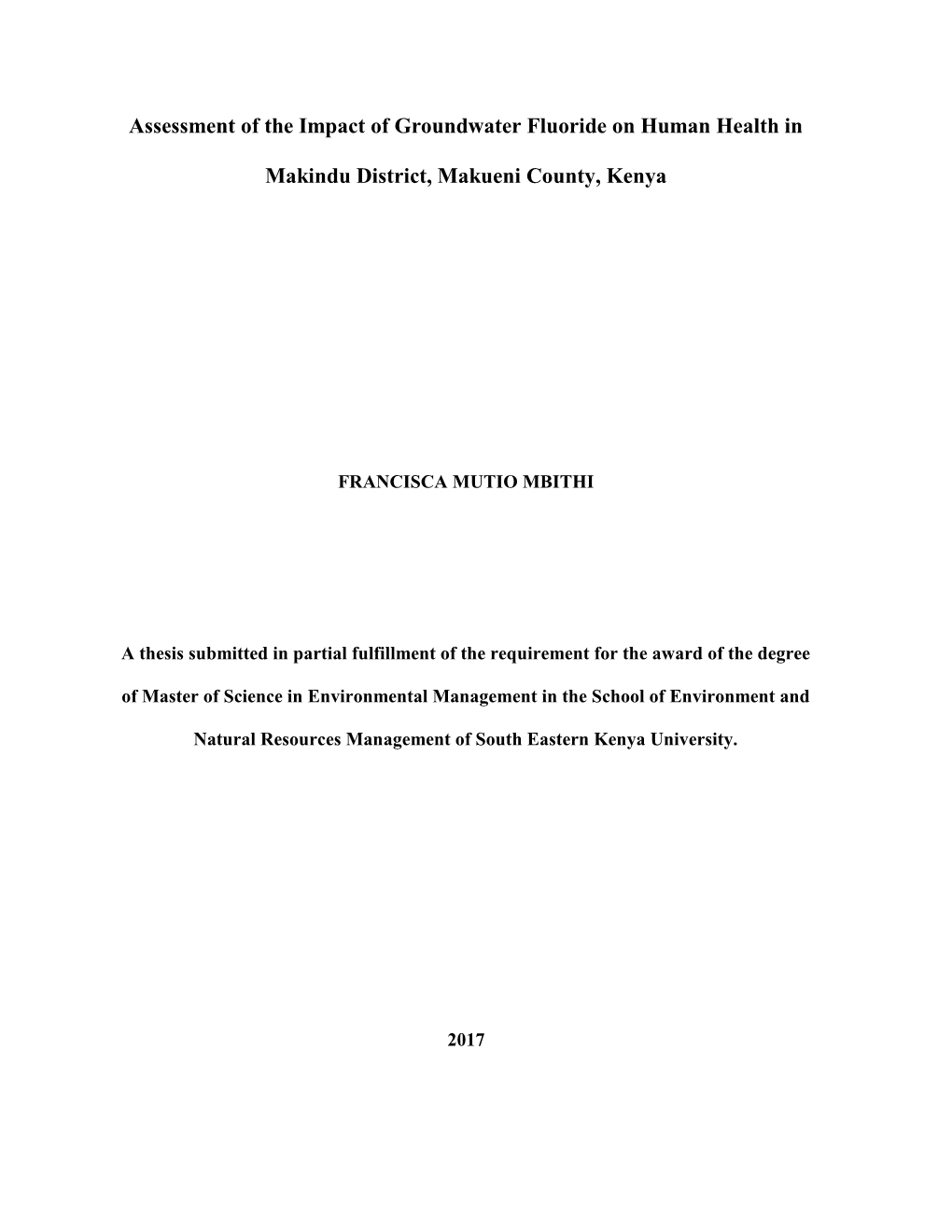 Assessment of the Impact of Groundwater Fluoride on Human Health In