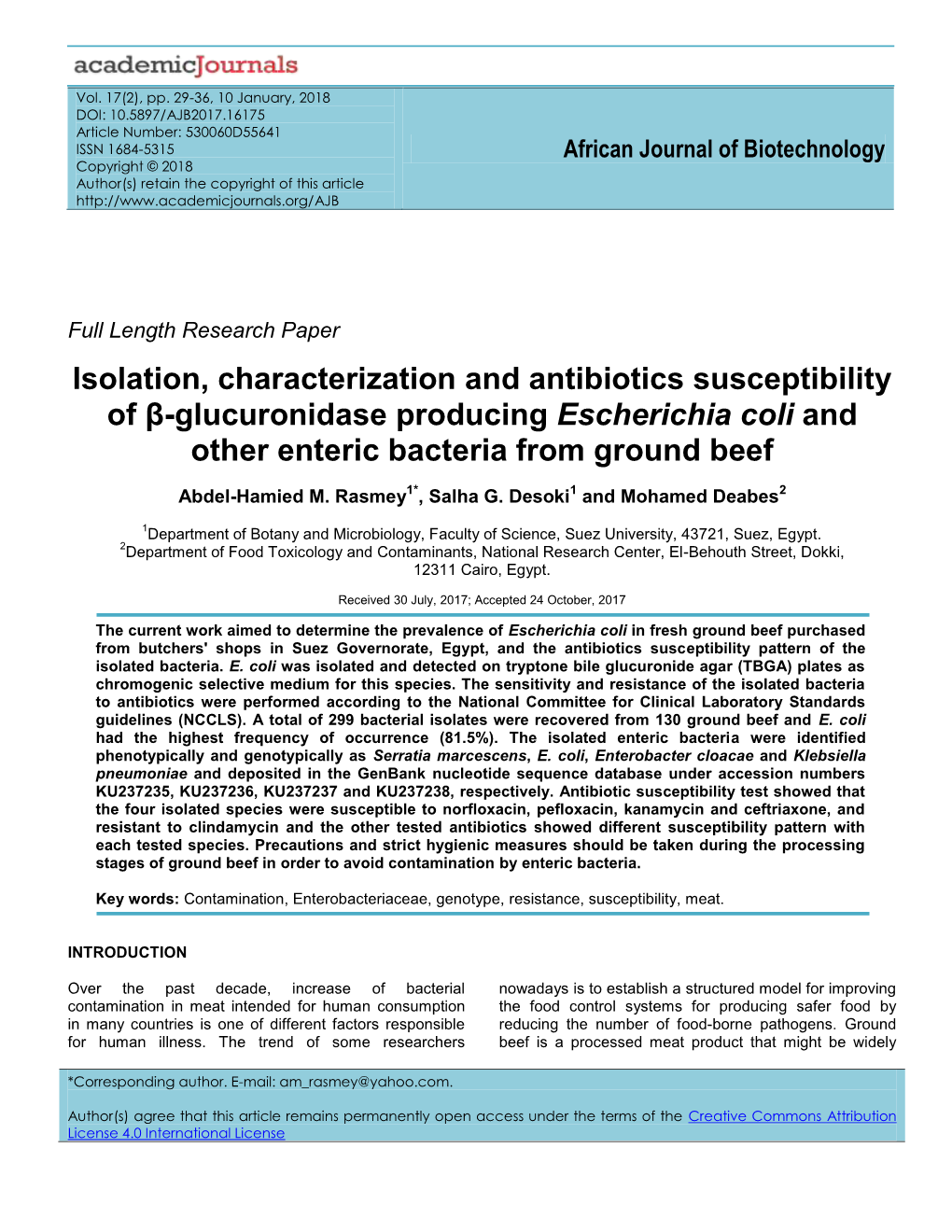 Isolation, Characterization and Antibiotics Susceptibility of Β-Glucuronidase Producing Escherichia Coli and Other Enteric Bacteria from Ground Beef