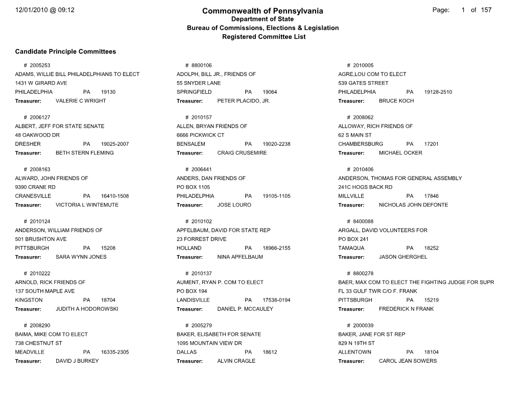 Commonwealth of Pennsylvania Page: 1 of 157 Department of State Bureau of Commissions, Elections & Legislation Registered Committee List