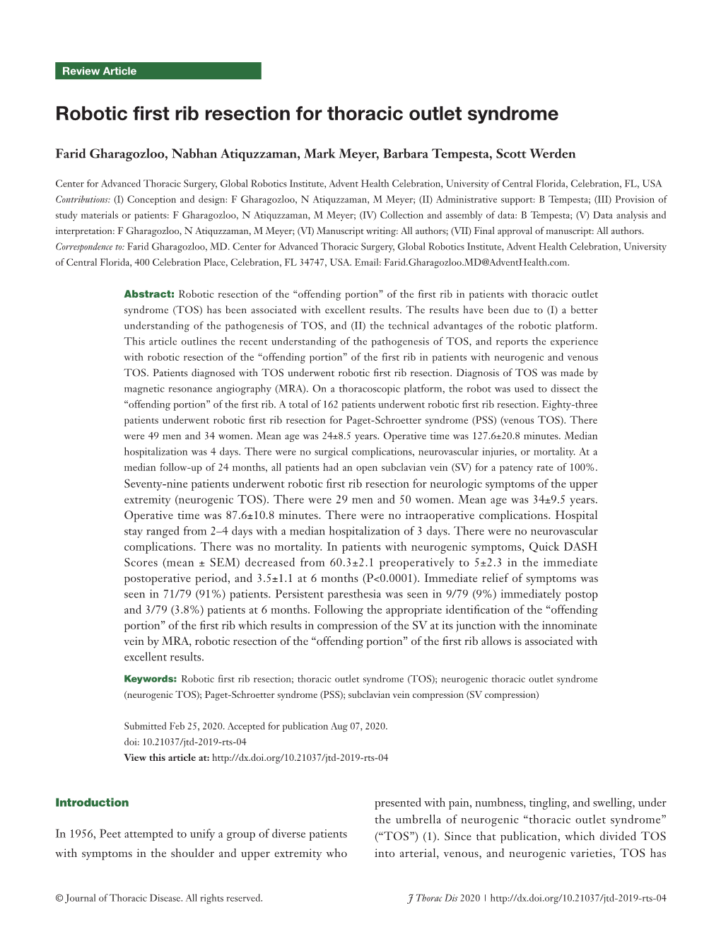 Robotic First Rib Resection for Thoracic Outlet Syndrome