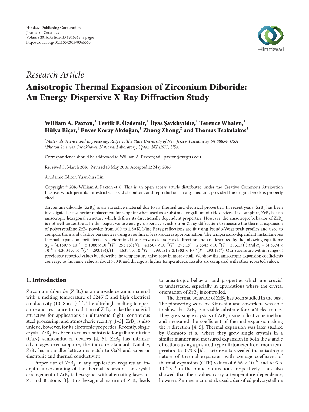 Research Article Anisotropic Thermal Expansion of Zirconium Diboride: an Energy-Dispersive X-Ray Diffraction Study