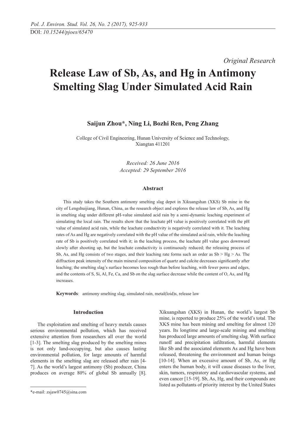 Release Law of Sb, As, and Hg in Antimony Smelting Slag Under Simulated Acid Rain