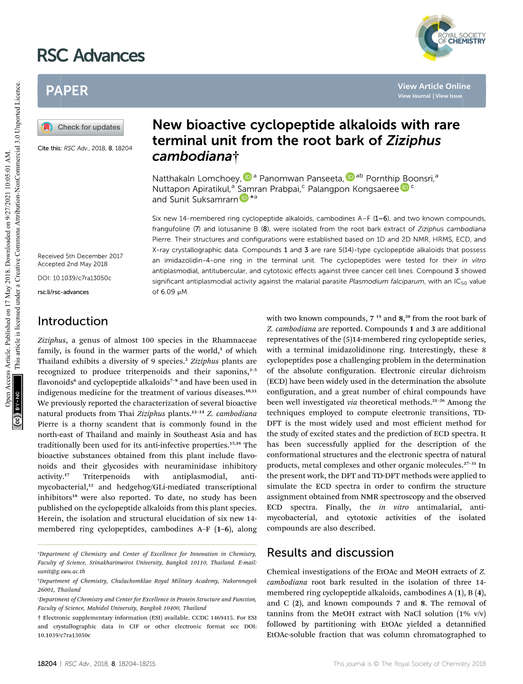 New Bioactive Cyclopeptide Alkaloids with Rare Terminal Unit from the Root Bark of Ziziphus Cite This: RSC Adv.,2018,8,18204 Cambodiana†