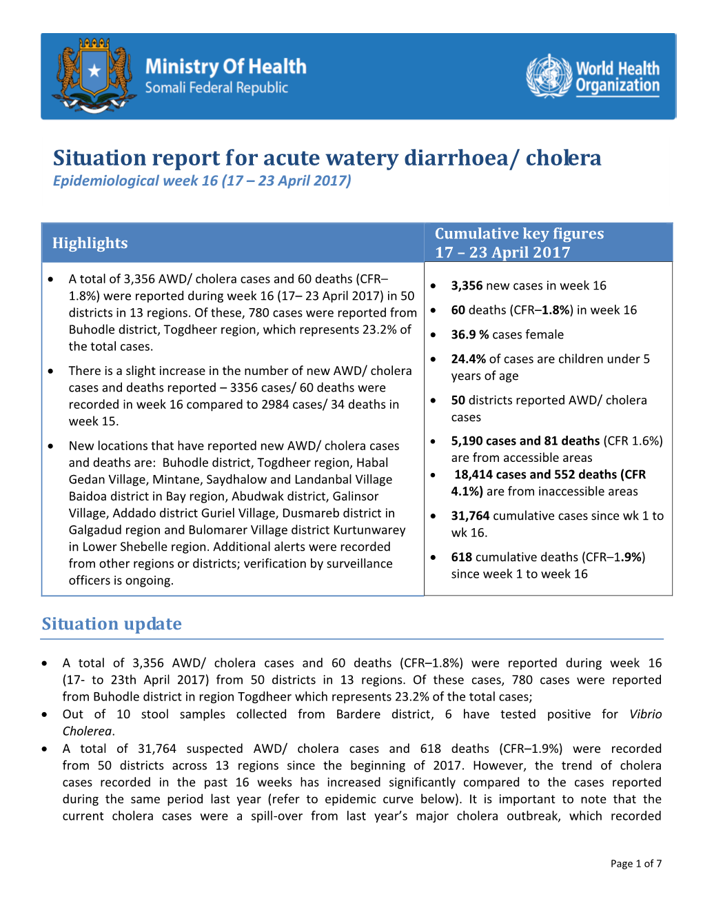 Situation Report for Acute Watery Diarrhoea/ Cholera Epidemiological Week 16 (17 – 23 April 2017)