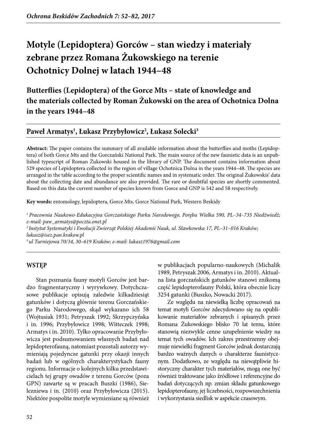 Motyle (Lepidoptera) Gorców – Stan Wiedzy I Materiały Zebrane Przez Romana Żukowskiego Na Terenie Ochotnicy Dolnej W Latach 1944–48