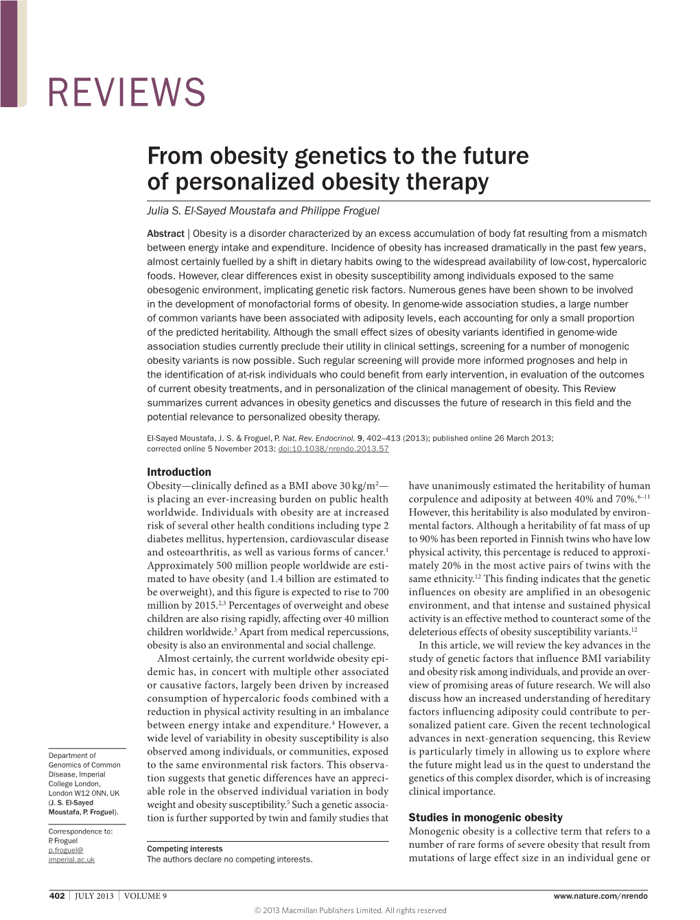 From Obesity Genetics to the Future of Personalized Obesity Therapy Julia S