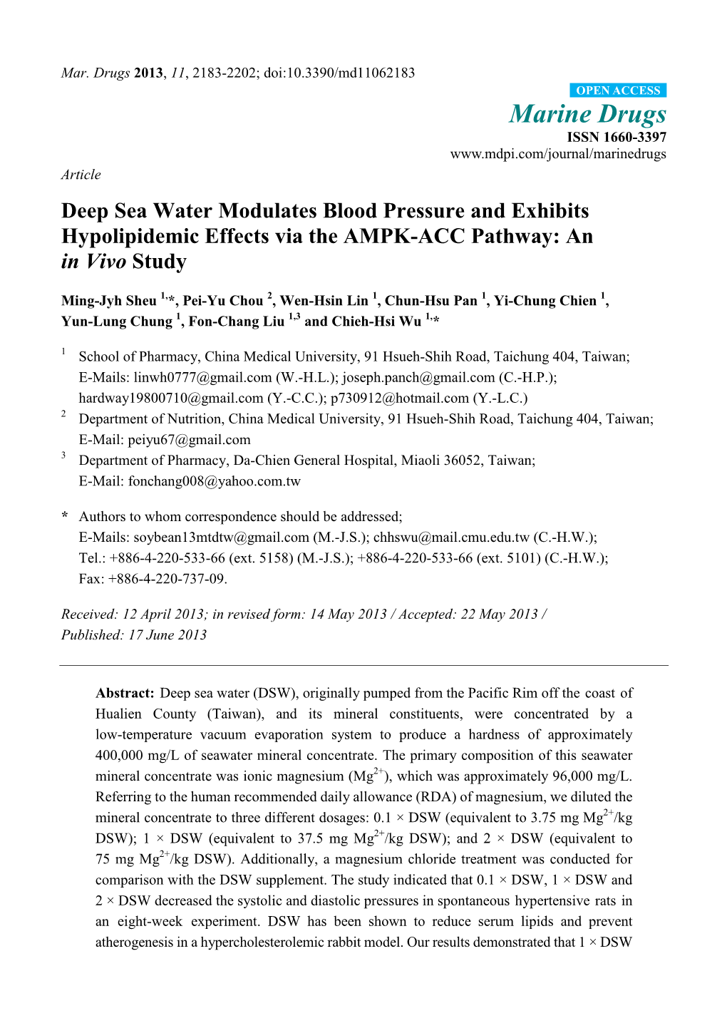 Deep Sea Water Modulates Blood Pressure and Exhibits Hypolipidemic Effects Via the AMPK-ACC Pathway: an in Vivo Study