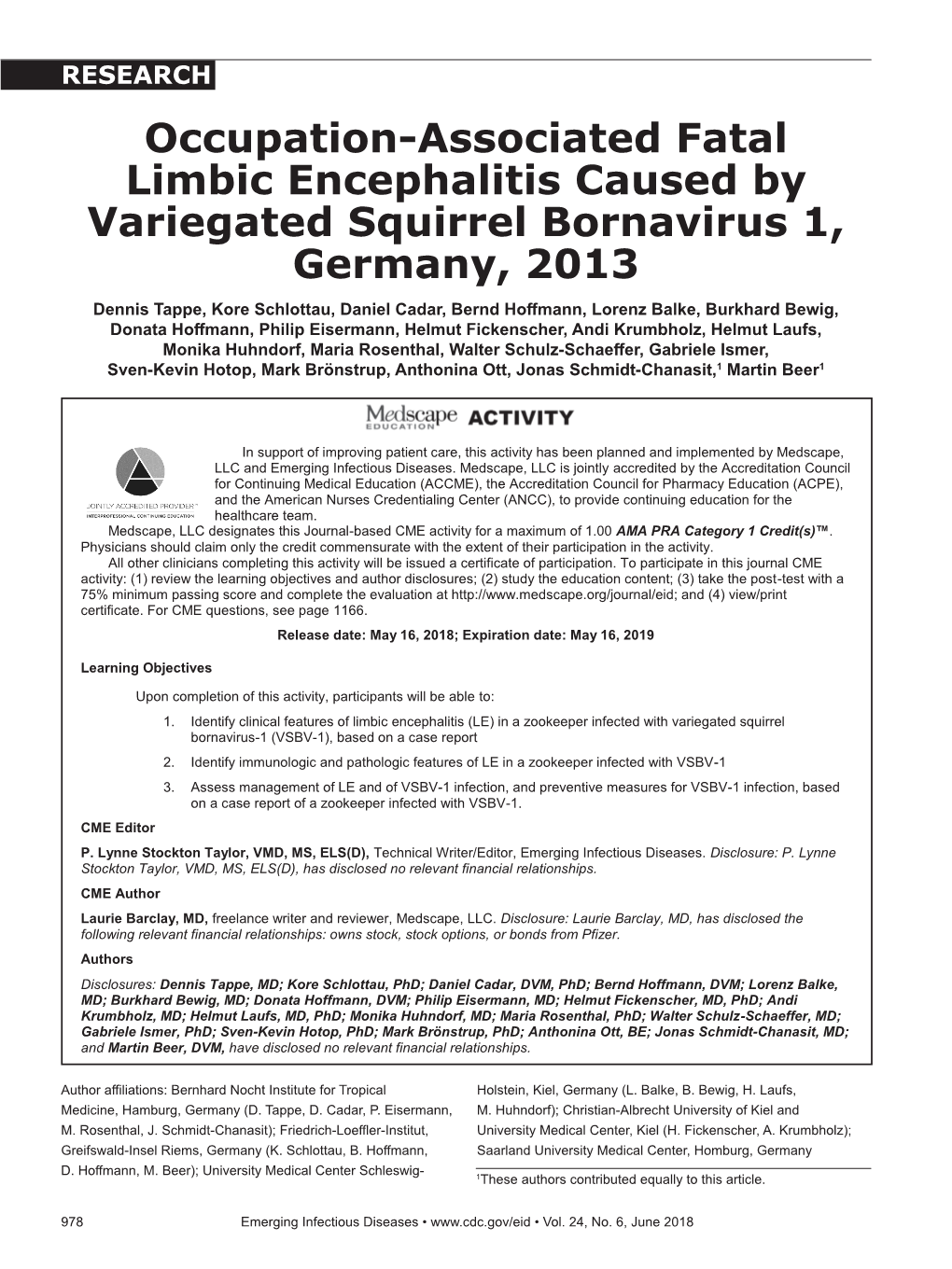 Occupation-Associated Fatal Limbic Encephalitis Caused by Variegated Squirrel Bornavirus 1, Germany, 2013