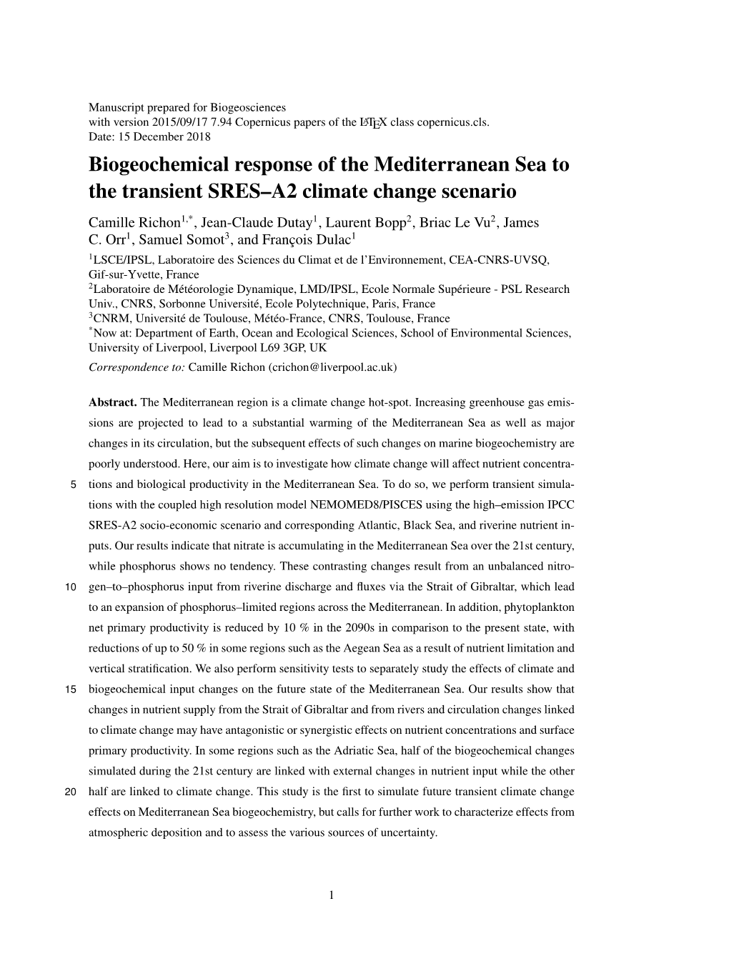 Biogeochemical Response of the Mediterranean Sea to the Transient