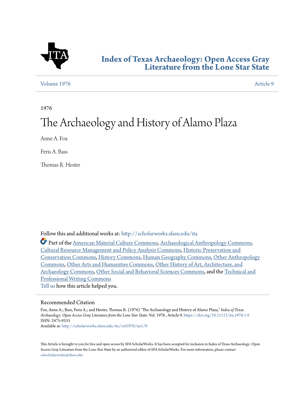 The Archaeology and History of Alamo Plaza Anne A