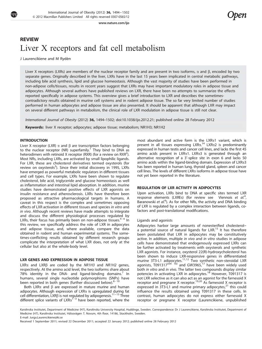 Liver X Receptors and Fat Cell Metabolism