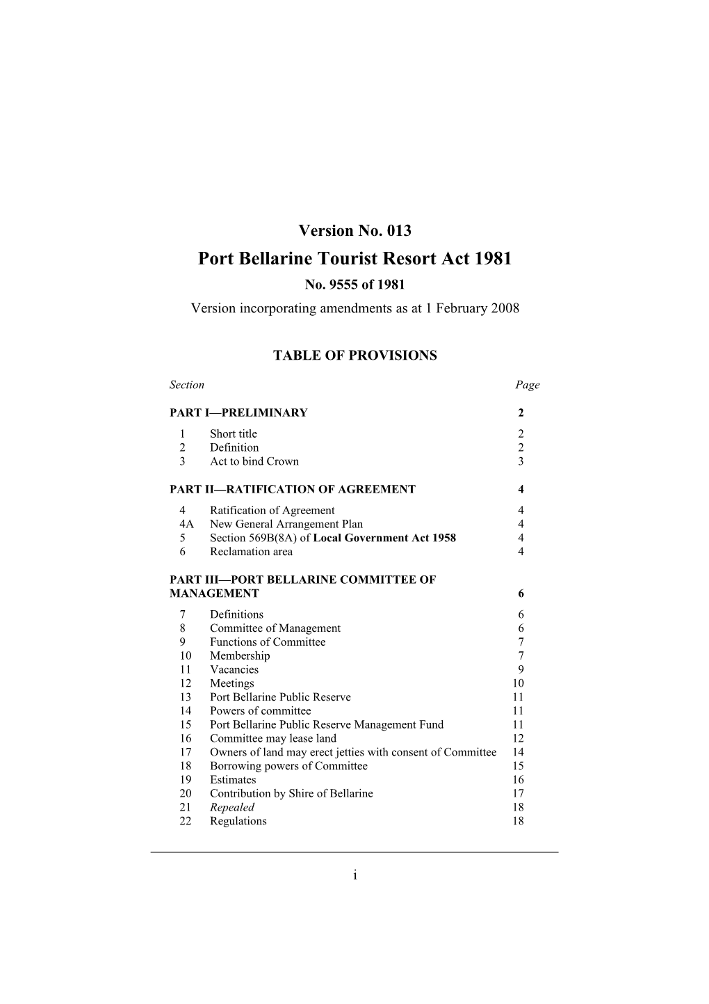 Port Bellarine Tourist Resort Act 1981