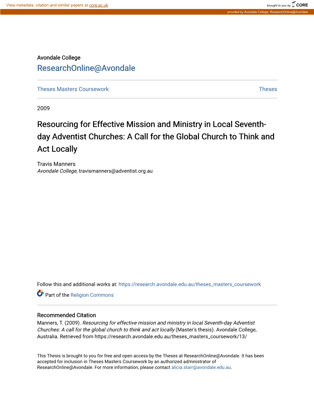 Resourcing for Effective Mission and Ministry in Local Seventh-Day Adventist Churches: a Call for the Global Church to Think and Act Locally (Master's Thesis)