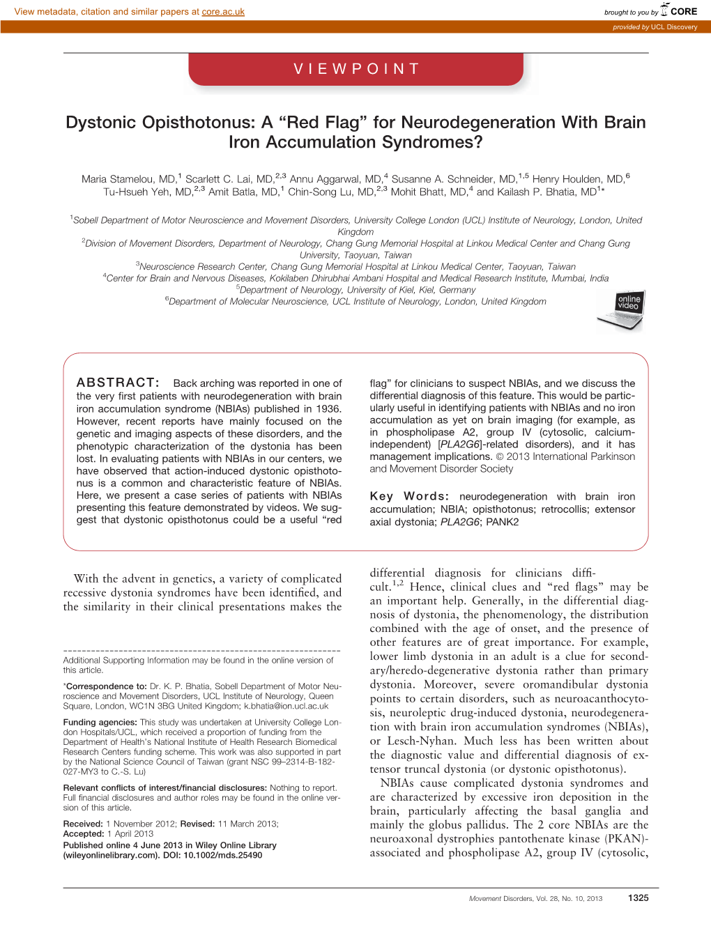 Dystonic Opisthotonus: a “Red Flag” for Neurodegeneration with Brain Iron Accumulation Syndromes?