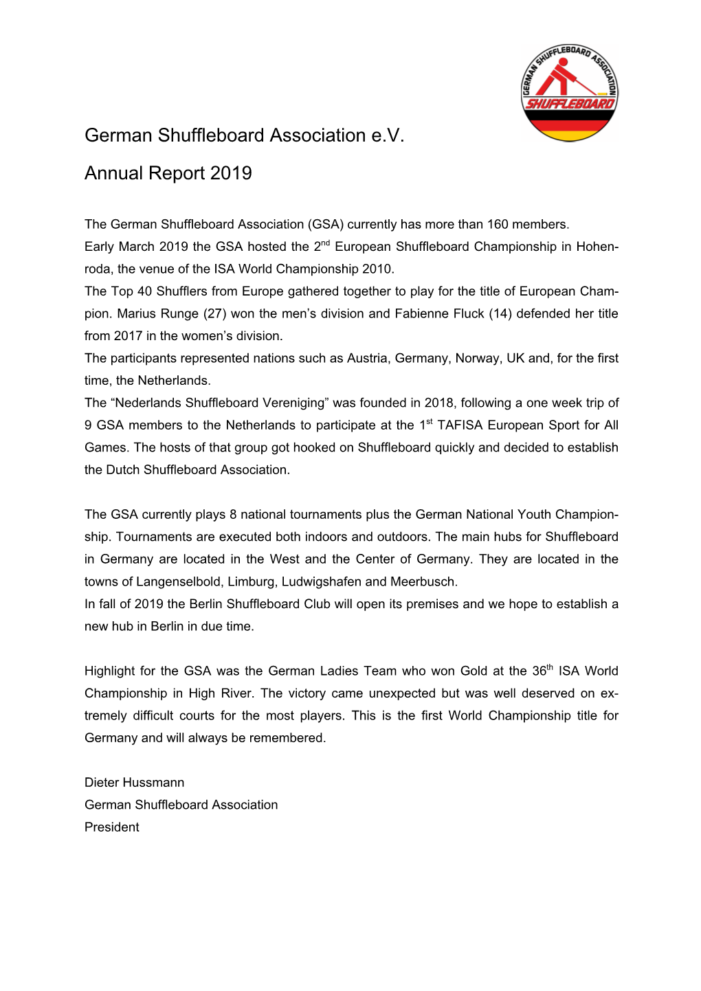 German Shuffleboard Association E.V. Annual Report 2019