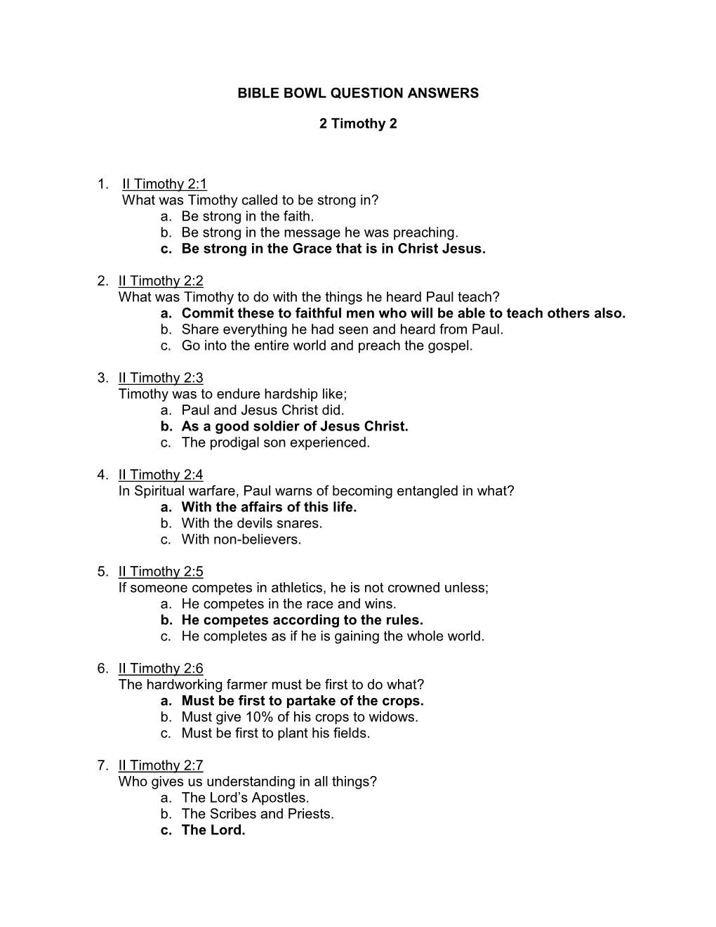 BIBLE BOWL QUESTION ANSWERS 2 Timothy 2 1. II