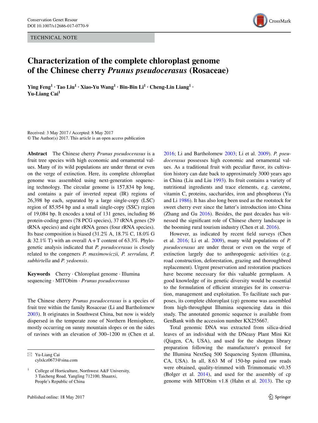 Characterization of the Complete Chloroplast Genome of the Chinese Cherry Prunus Pseudocerasus (Rosaceae)