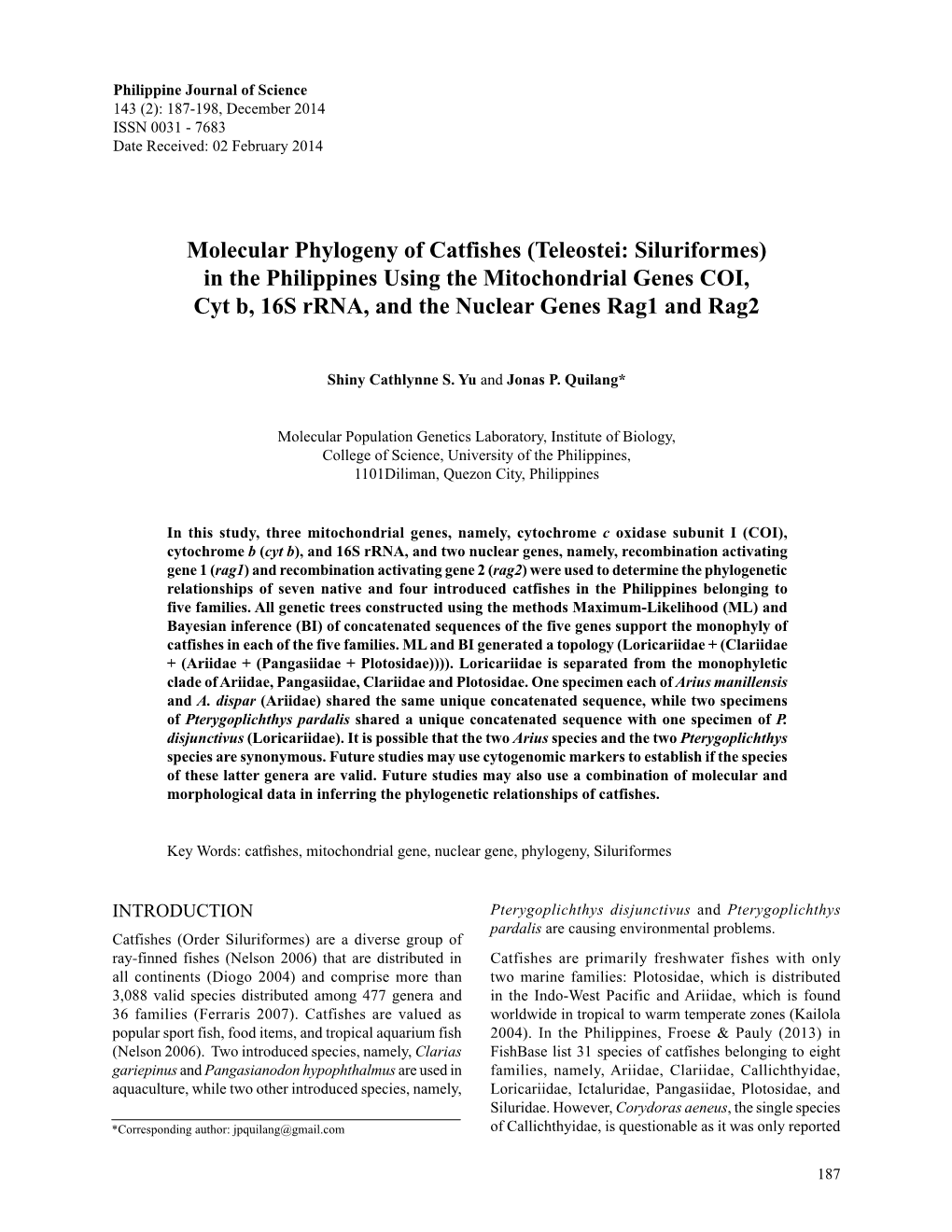 Molecular Phylogeny of Catfishes (Teleostei: Siluriformes) in the Philippines Using the Mitochondrial Genes COI, Cyt B, 16S Rrna, and the Nuclear Genes Rag1 and Rag2