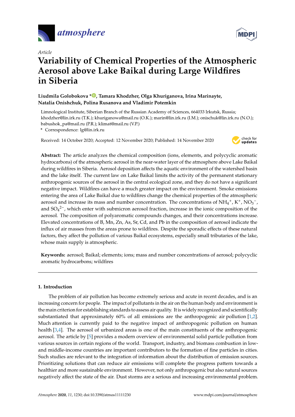 Variability of Chemical Properties of the Atmospheric Aerosol Above Lake Baikal During Large Wildﬁres in Siberia