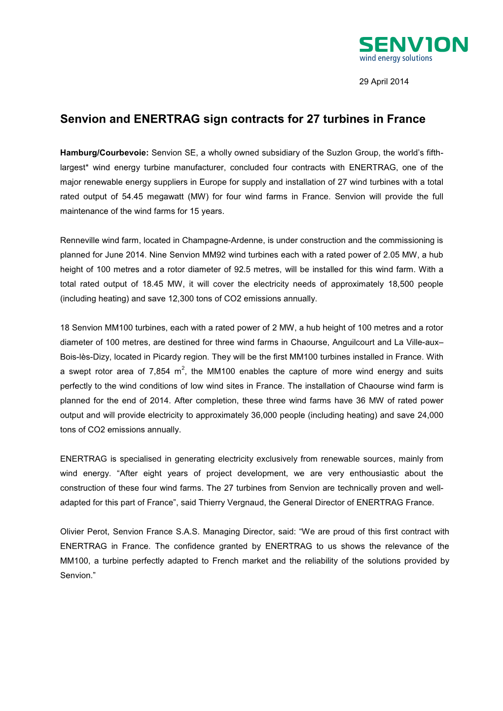 Senvion and ENERTRAG Sign Contracts for 27 Turbines in France