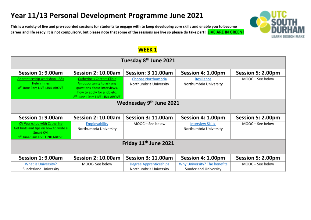 Year 11/13 Personal Development Programme June 2021