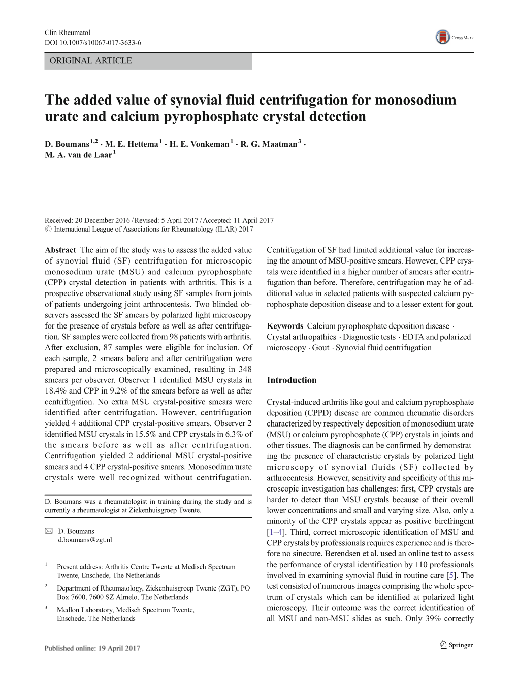 The Added Value of Synovial Fluid Centrifugation for Monosodium Urate and Calcium Pyrophosphate Crystal Detection