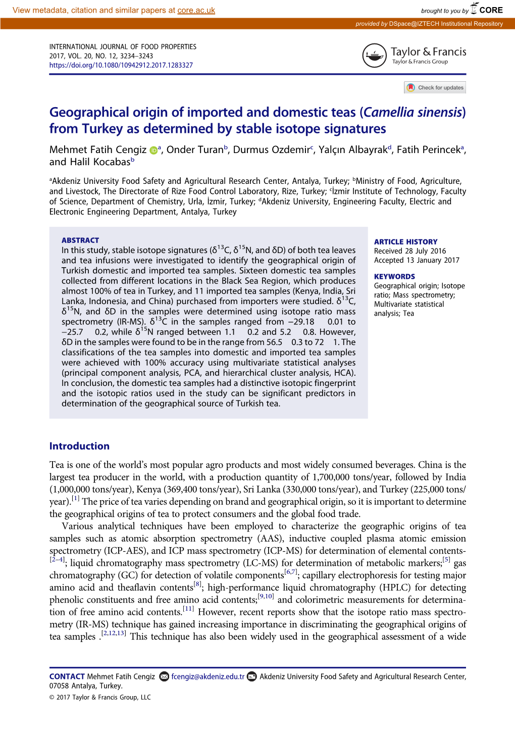 Geographical Origin of Imported and Domestic Teas (Camellia