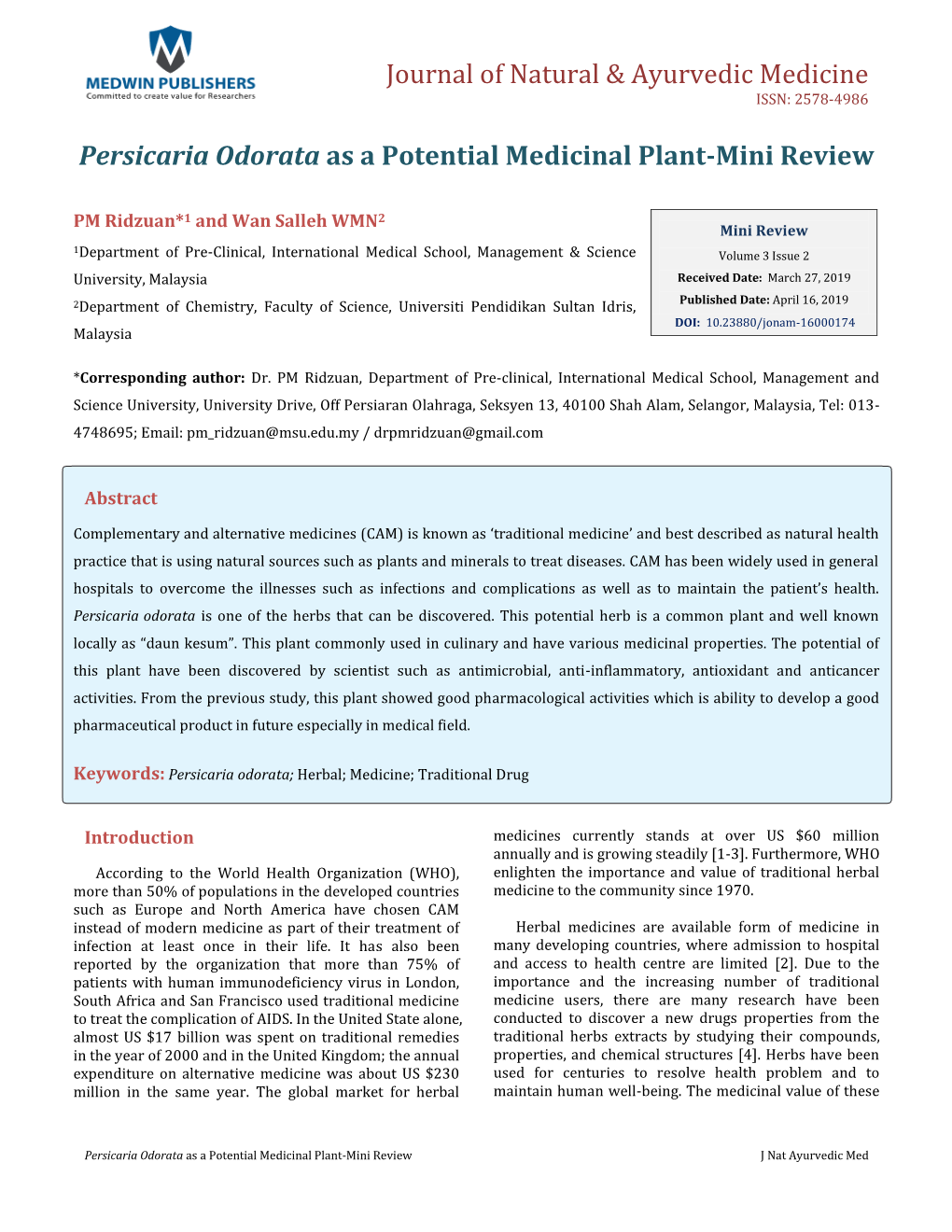 Persicaria Odorata As a Potential Medicinal Plant-Mini Review
