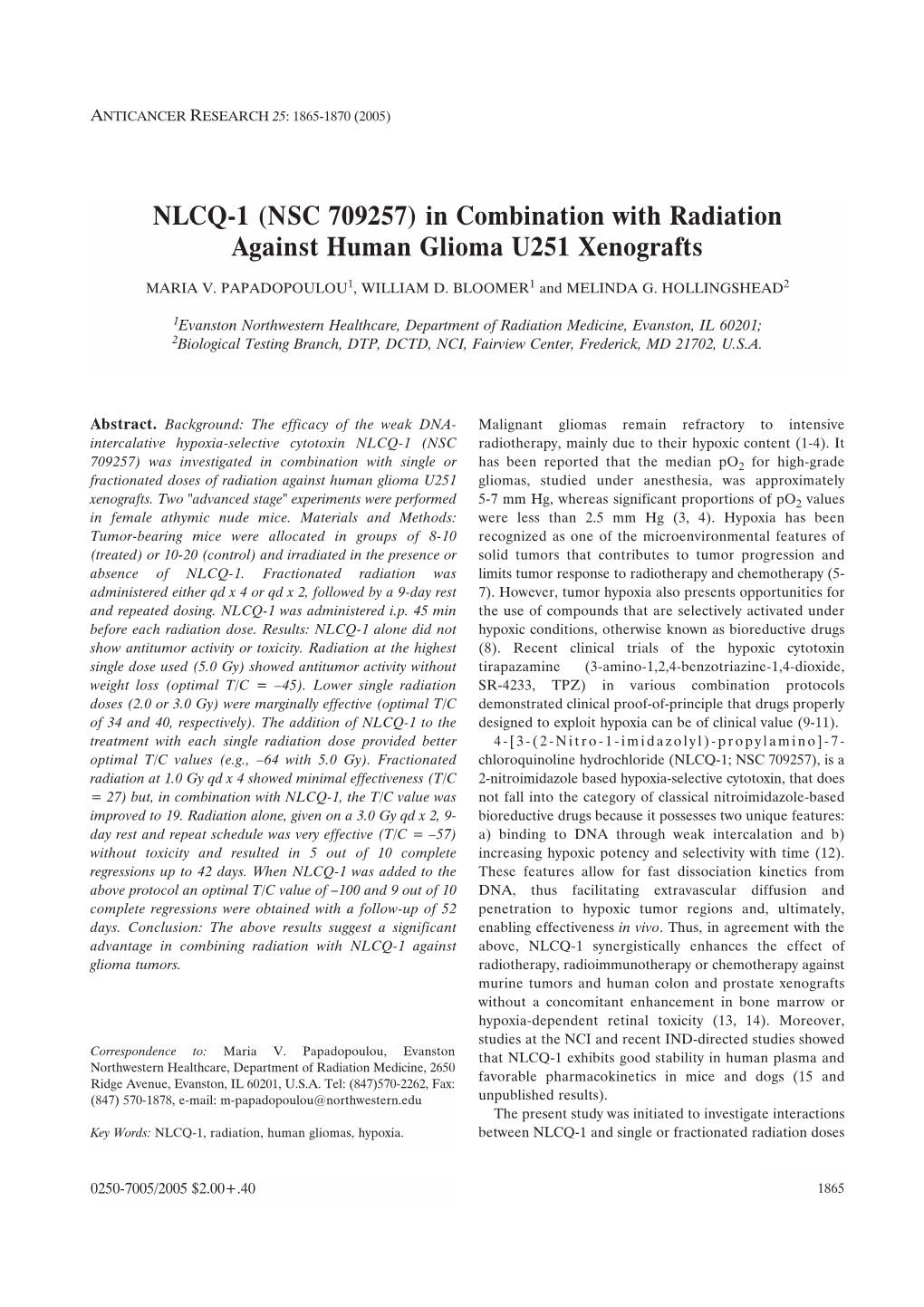 NLCQ-1 (NSC 709257) in Combination with Radiation Against Human Glioma U251 Xenografts