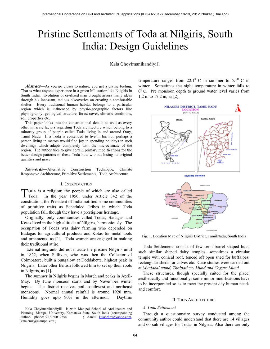 Pristine Settlements of Toda at Nilgiris, South India: Design Guidelines