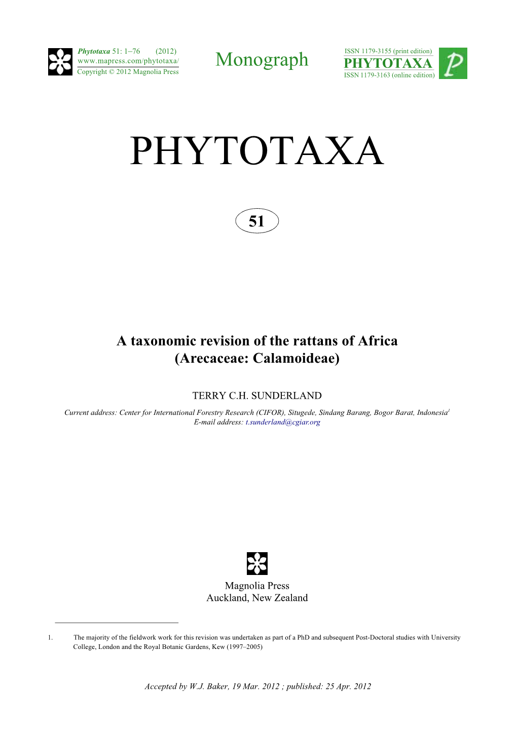 A Taxonomic Revision of the Rattans of Africa (Arecaceae: Calamoideae)