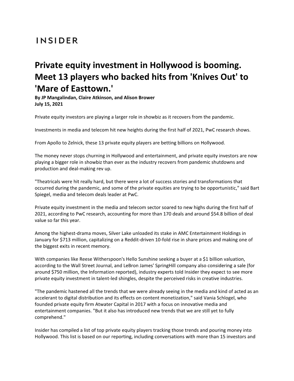 Private Equity Investment in Hollywood Is Booming