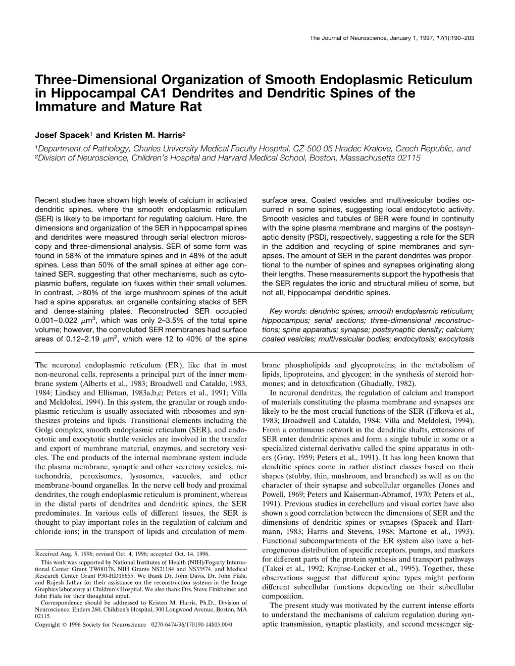 Three-Dimensional Organization of Smooth Endoplasmic Reticulum in Hippocampal CA1 Dendrites and Dendritic Spines of the Immature and Mature Rat