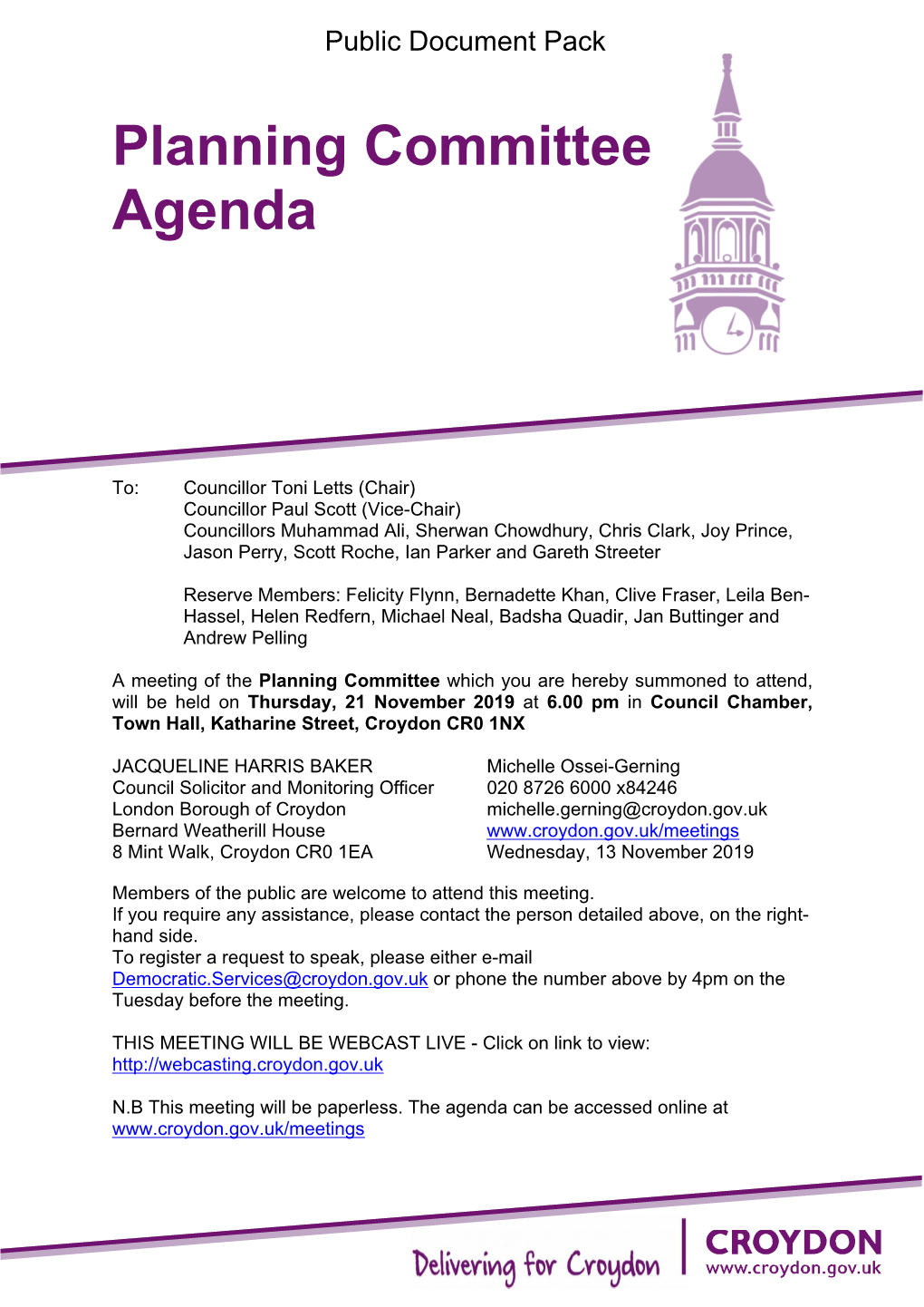 (Public Pack)Agenda Document for Planning Committee, 21/11/2019