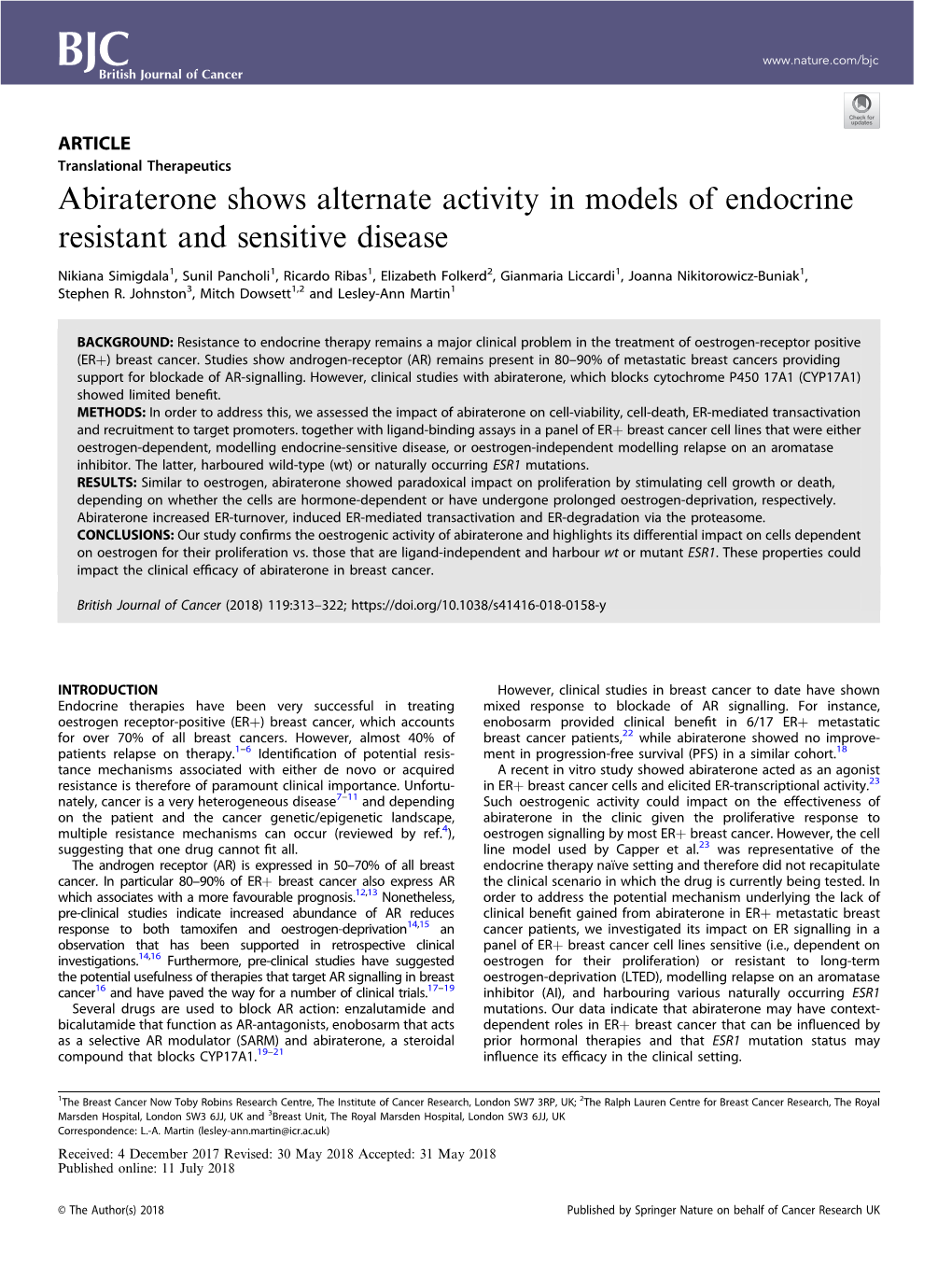 Abiraterone Shows Alternate Activity in Models of Endocrine Resistant and Sensitive Disease