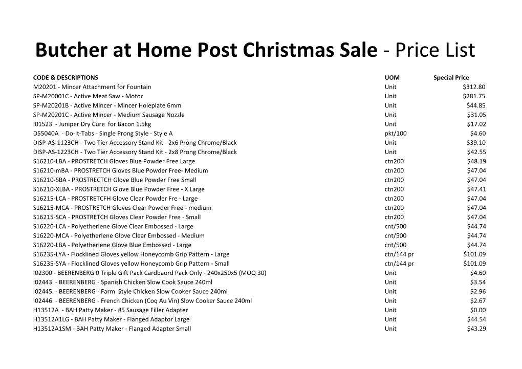 BAH Post Christmas Sale Price List