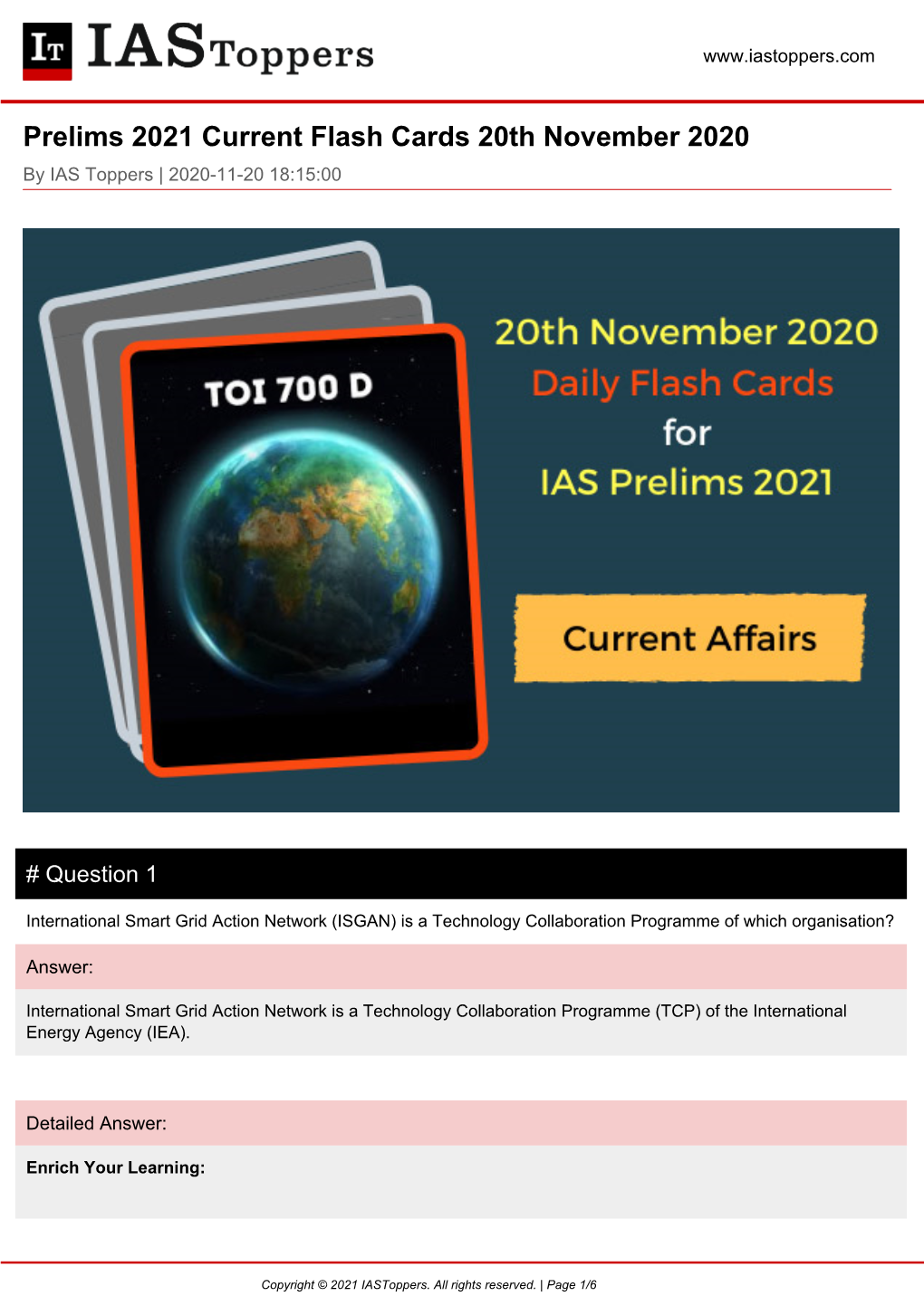 Prelims 2021 Current Flash Cards 20Th November 2020 by IAS Toppers | 2020-11-20 18:15:00