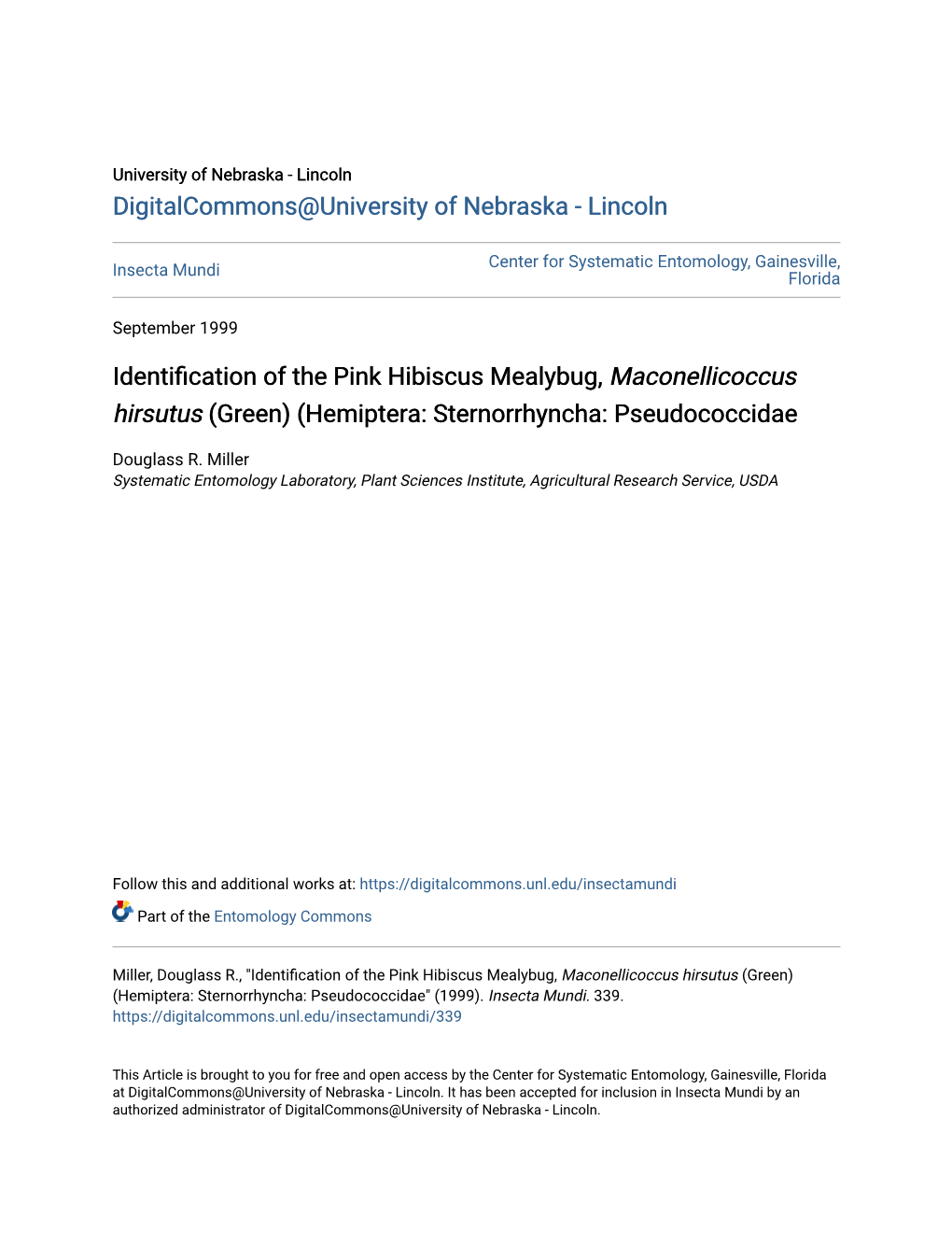 Identification of the Pink Hibiscus Mealybug, Maconellicoccus Hirsutus (Green) (Hemiptera: Sternorrhyncha: Pseudococcidae