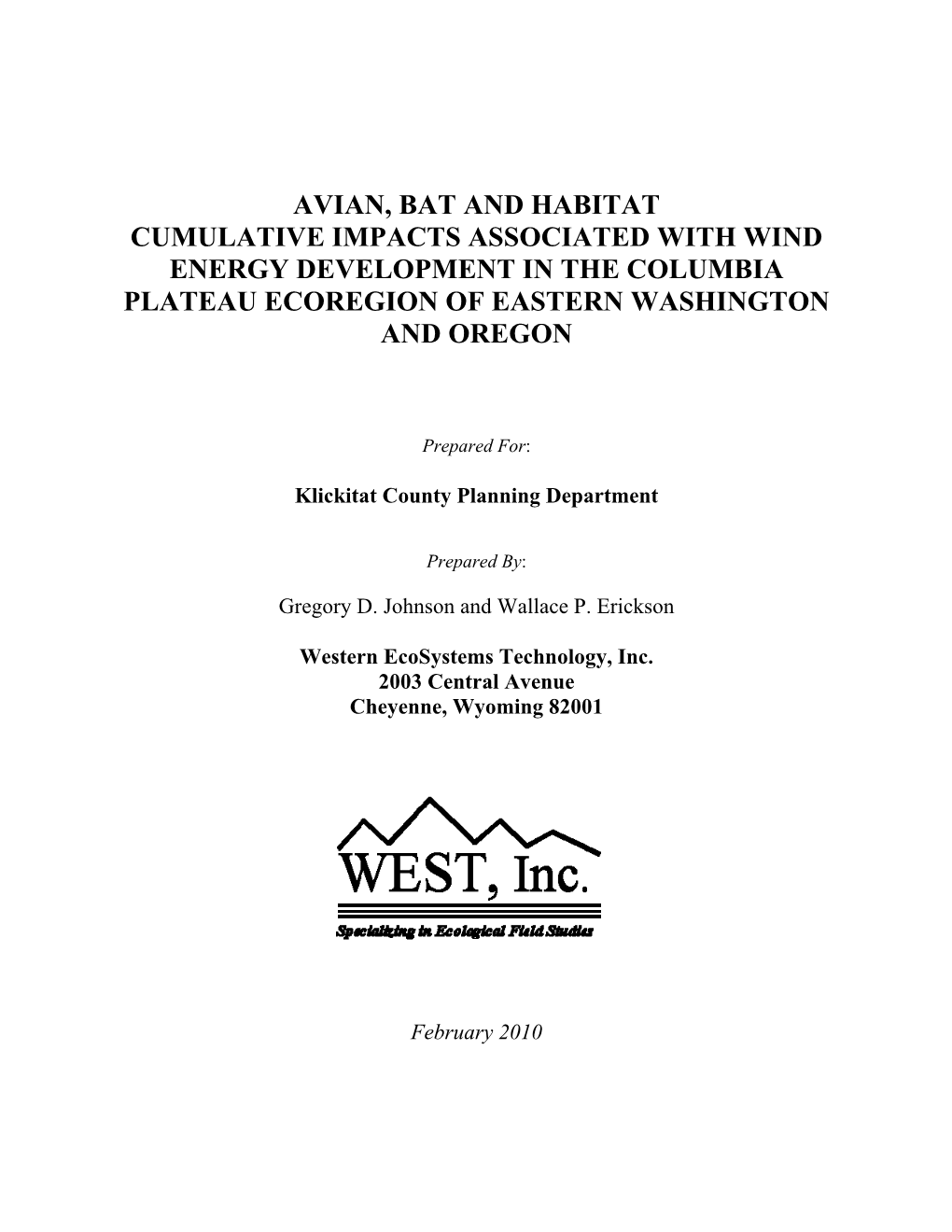 Wildlife Cumulative Impacts from Wind Projects in Kittitas Valley