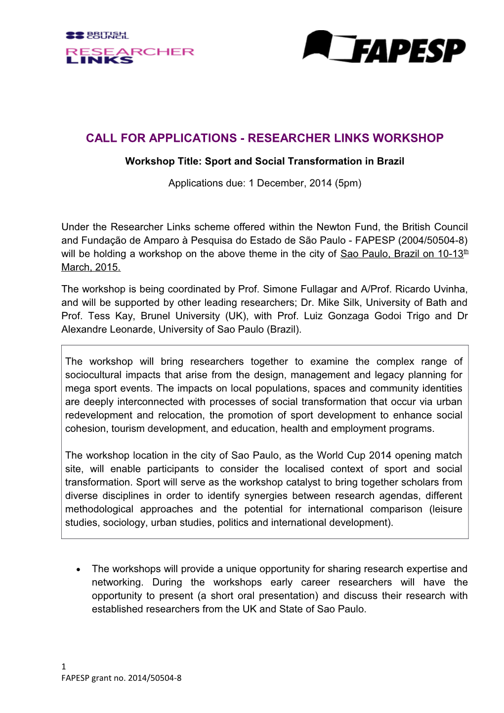 Call for Applications - Researcher Links Workshop