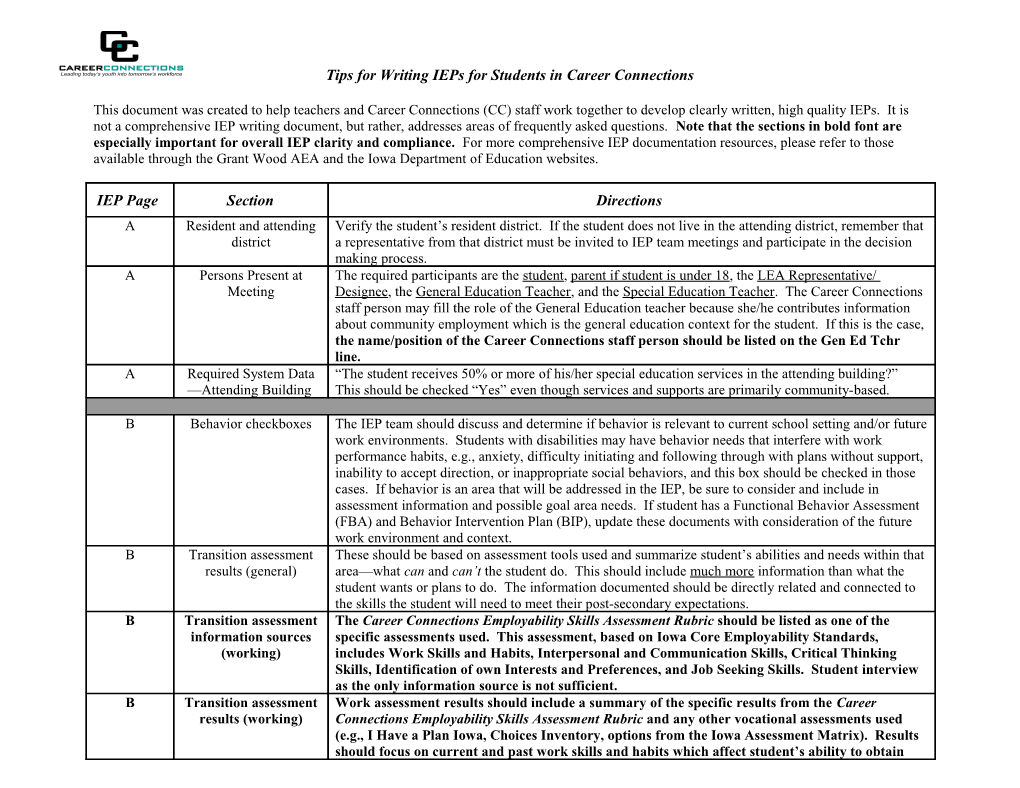 Career Connections Program: Tips for Writing Student Ieps