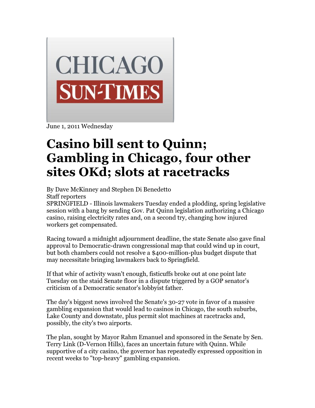 Casino Bill Sent to Quinn;