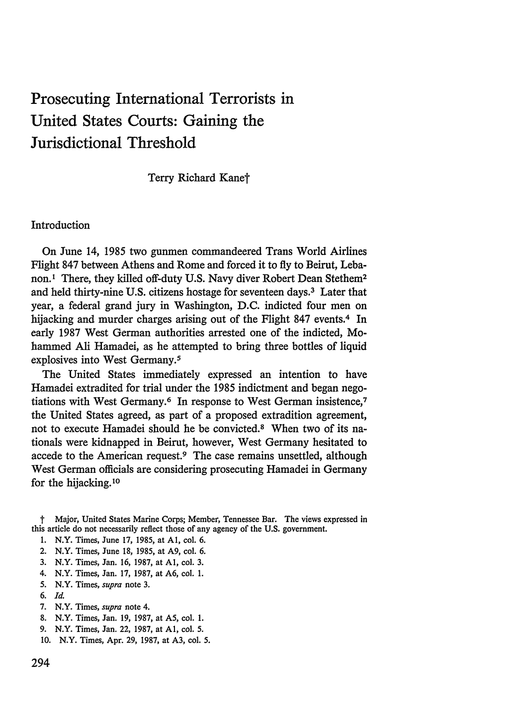 Prosecuting International Terrorists in United States Courts: Gaining the Jurisdictional Threshold