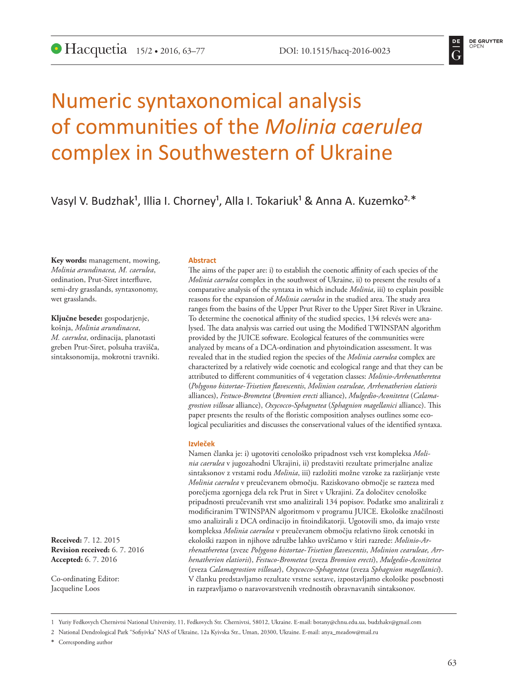Numeric Syntaxonomical Analysis of Communities of the Molinia Caerulea Complex in Southwestern of Ukraine