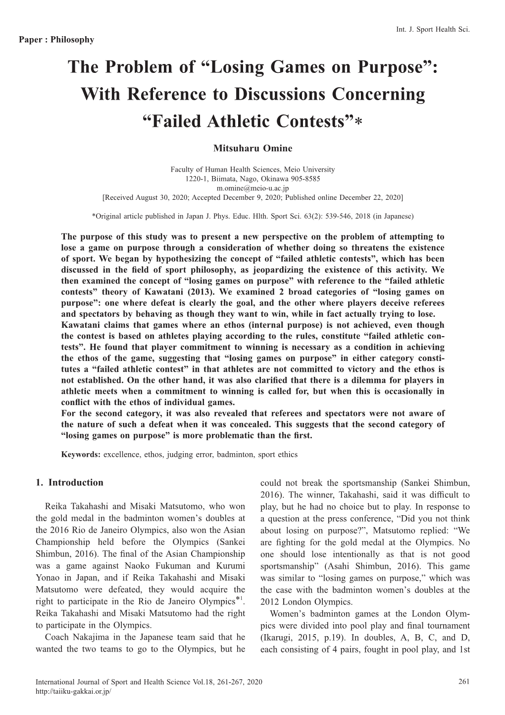Failed Athletic Contests”* Mitsuharu Omine