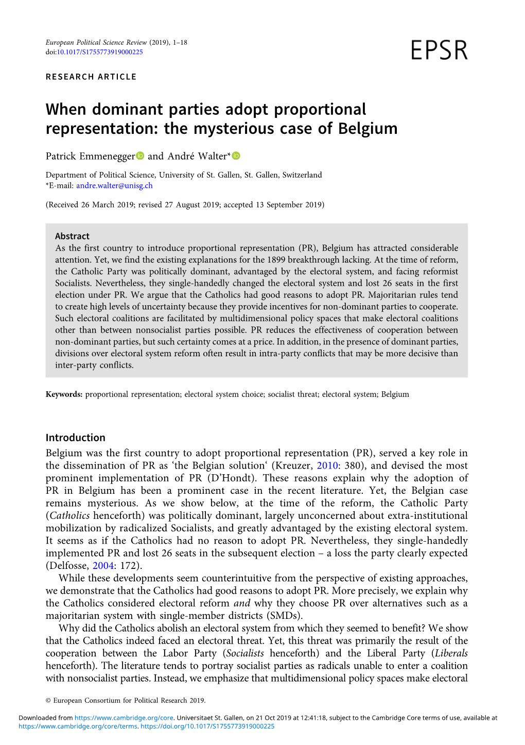 When Dominant Parties Adopt Proportional Representation: the Mysterious Case of Belgium