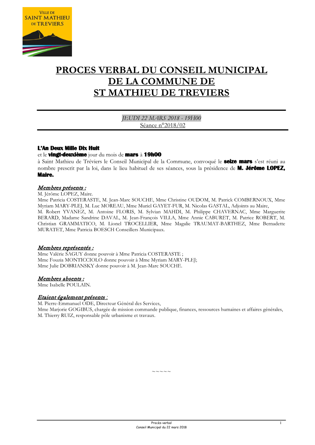 Proces Verbal Du Conseil Municipal De La Commune De St Mathieu De Treviers