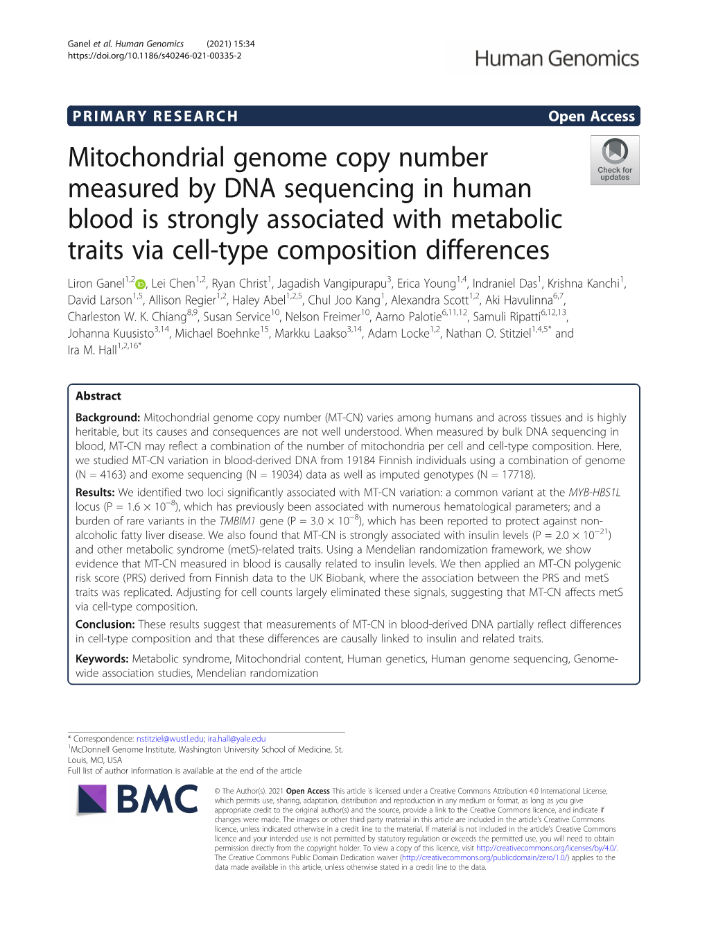 Mitochondrial Genome Copy Number Measured by DNA Sequencing in Human Blood Is Strongly Associated with Metabolic Traits Via Cell