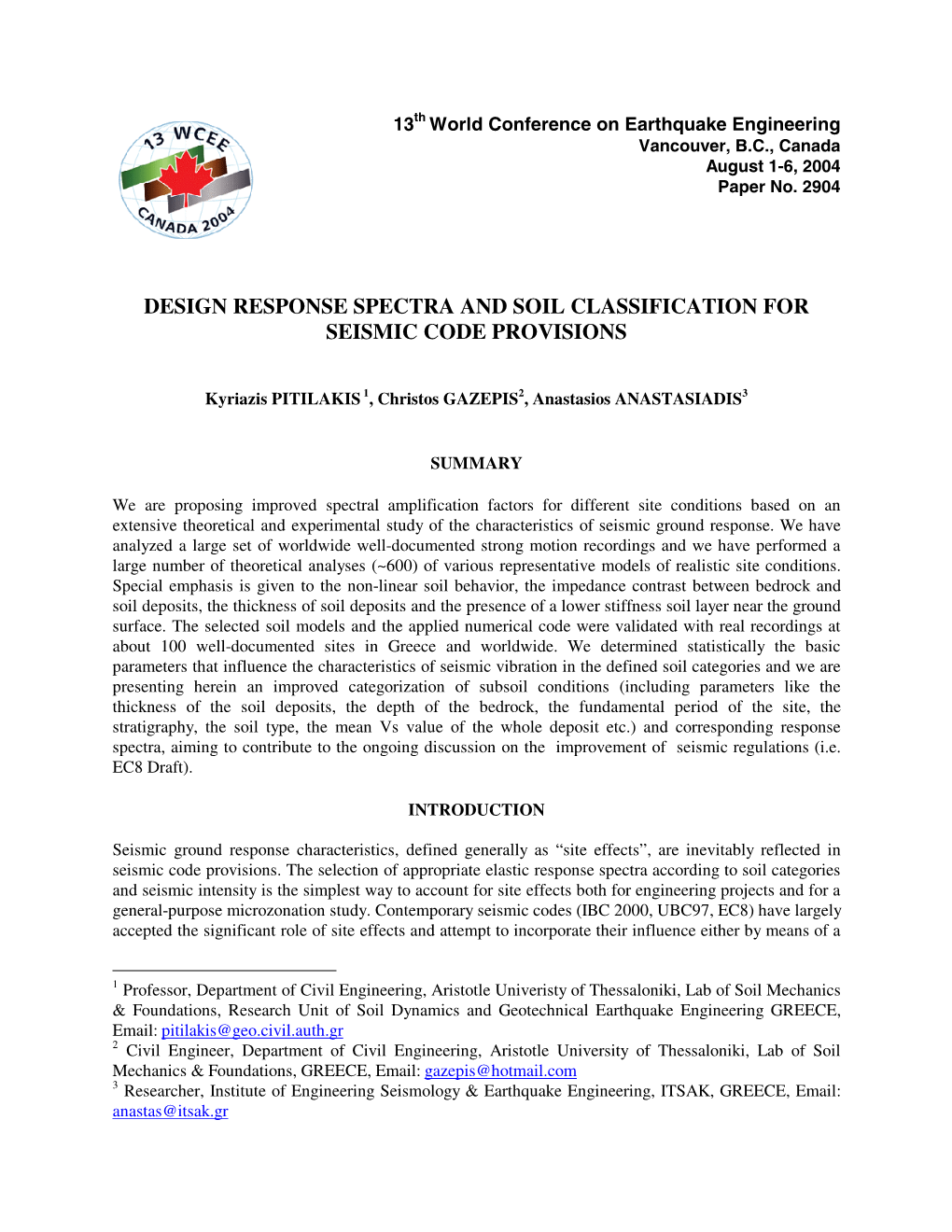 Design Response Spectra and Soil Classification for Seismic Code Provisions