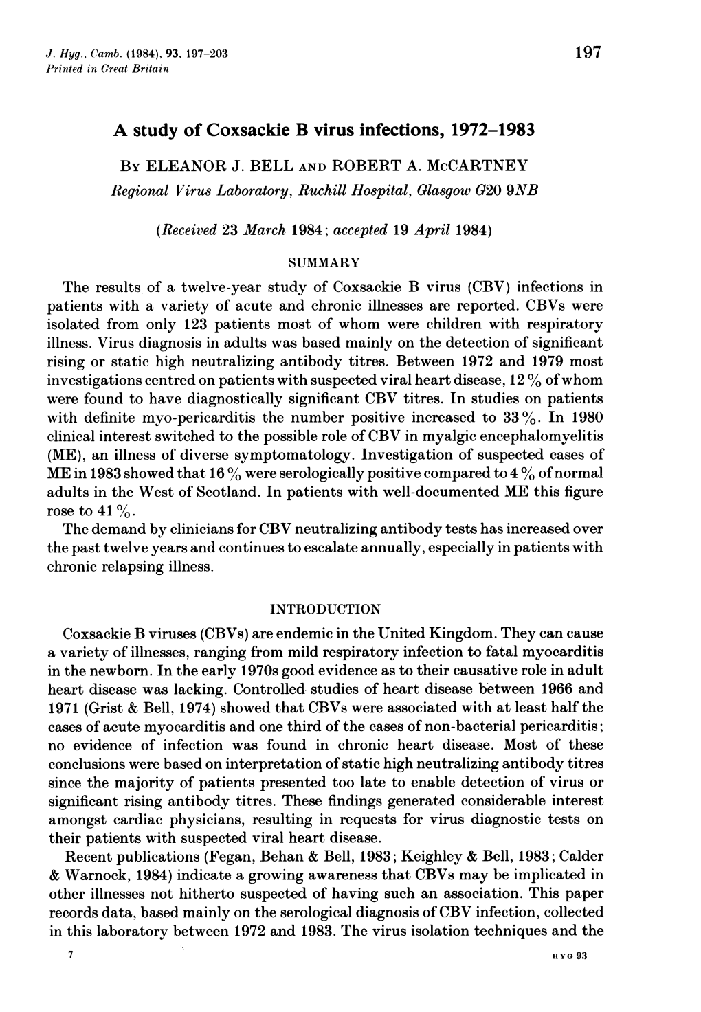 A Study of Coxsackie B Virus Infections, 1972-1983 by ELEANOR J